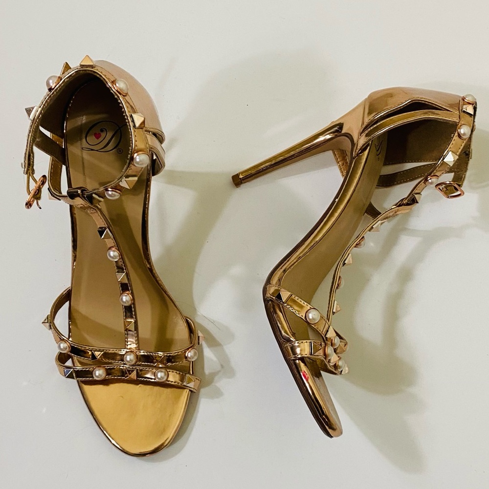 D rose gold studded sandal heels